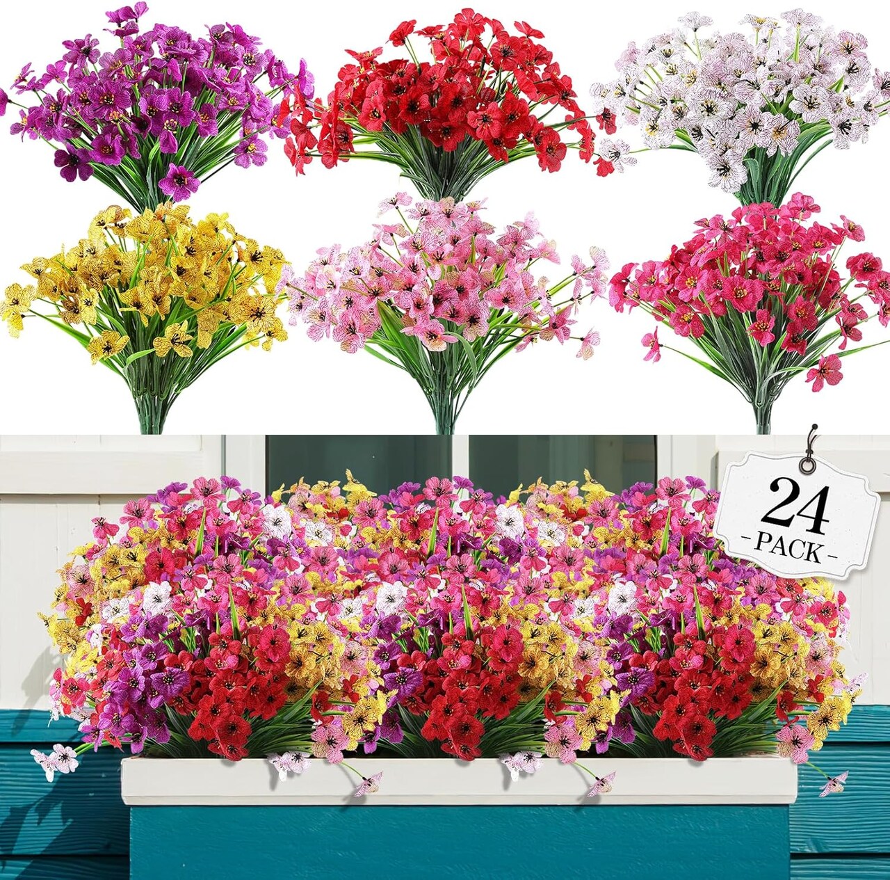 24 Bundles Artificial Flowers for Outdoor,No Fade Fake Plastic Flowers Faux Plants